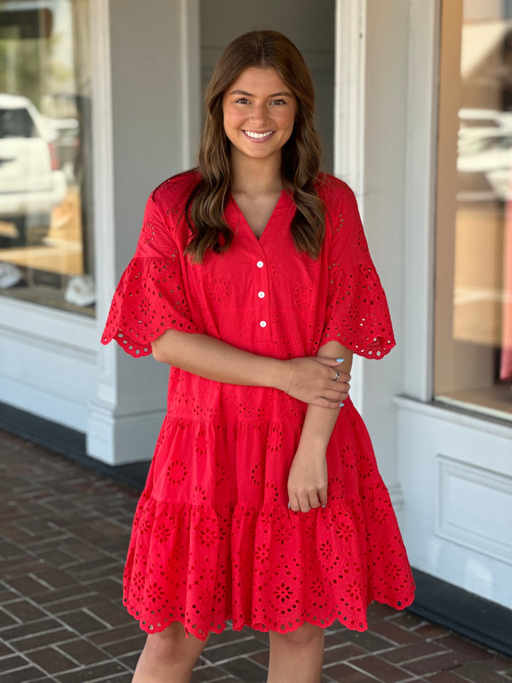 Tribal Cotton Eyelet Ruffle Short Sleeve Tiered Dress in Red