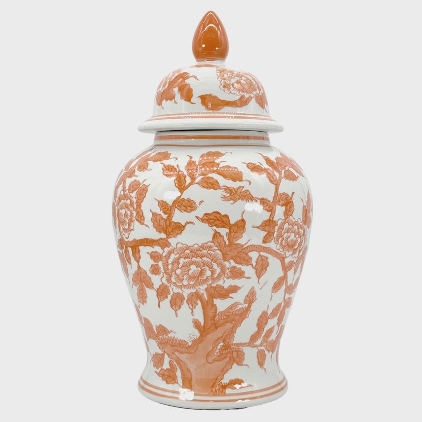 Orange & White Lotus Chinoiserie Ceramic Ginger Jar 18"