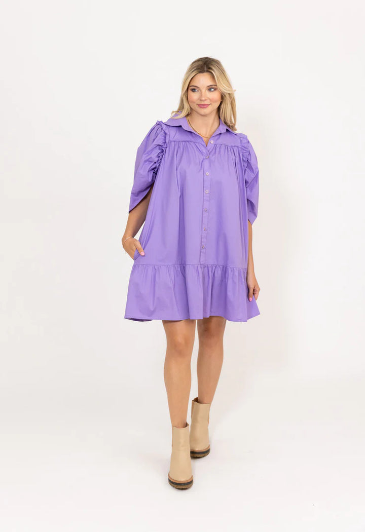 Karlie Clothes Solid Purple Button Puff Sleeve Ruffle Dress