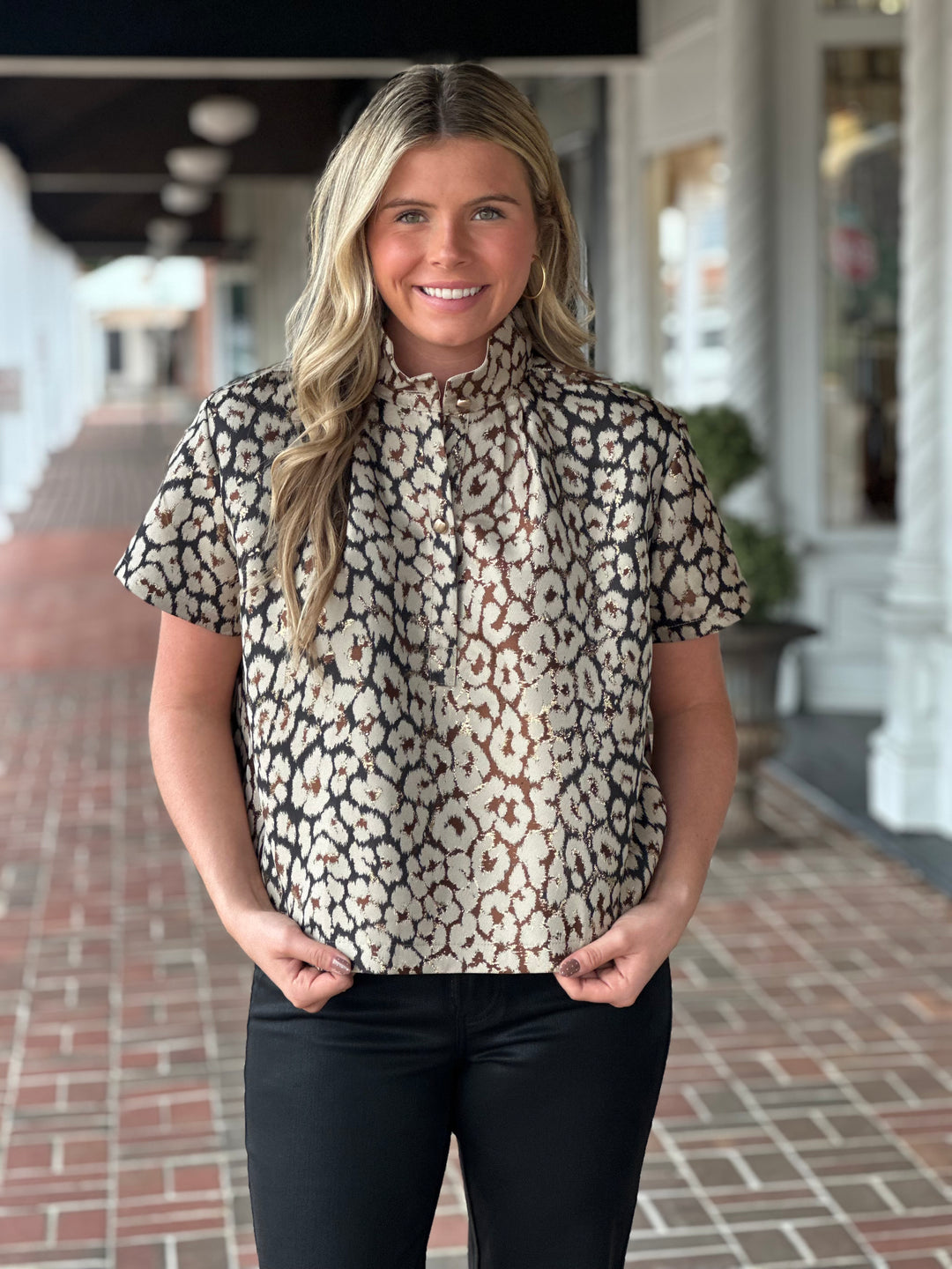 Stand Collar Button Short Sleeve Jacquard Printed Taupe Top