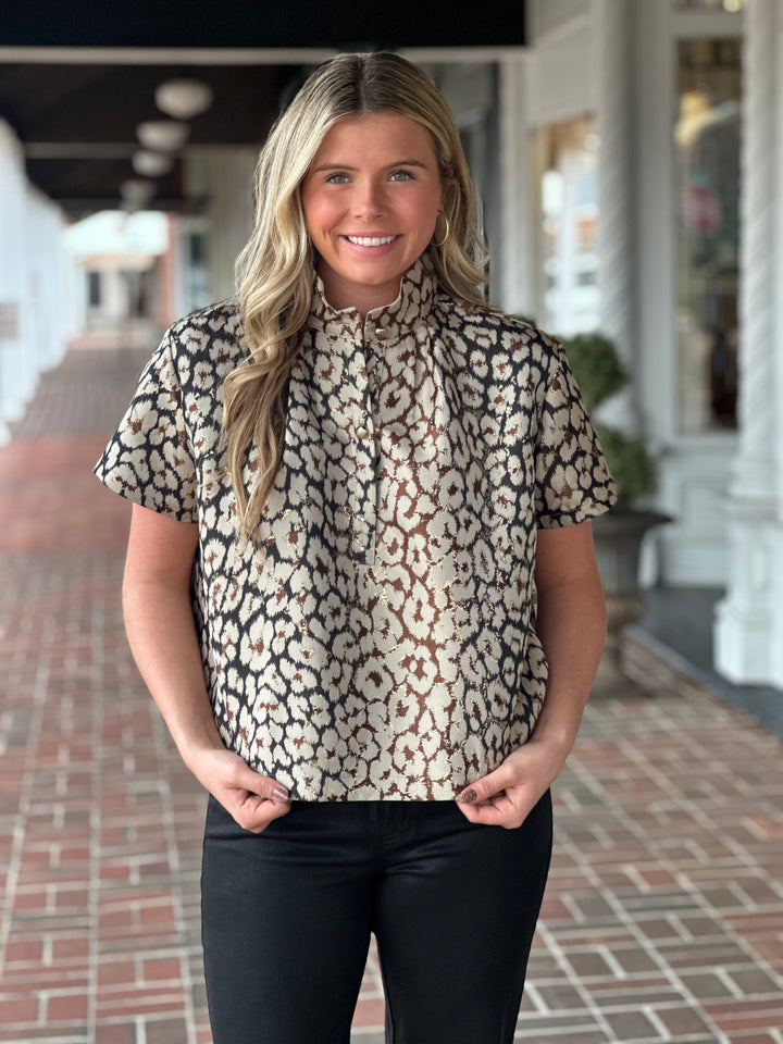 Stand Collar Button Short Sleeve Jacquard Printed Taupe Top