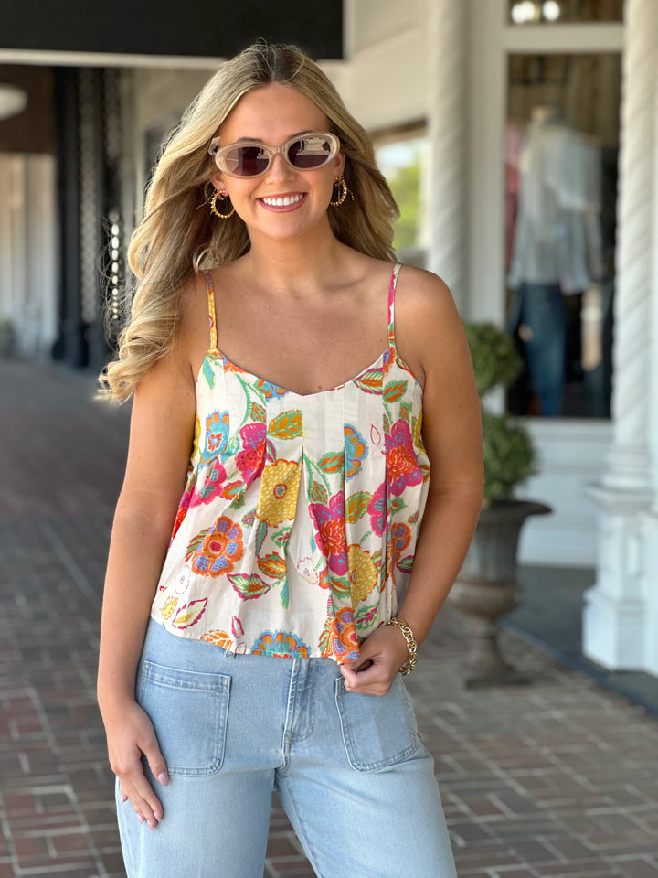 Cream Floral Printed Tank Top