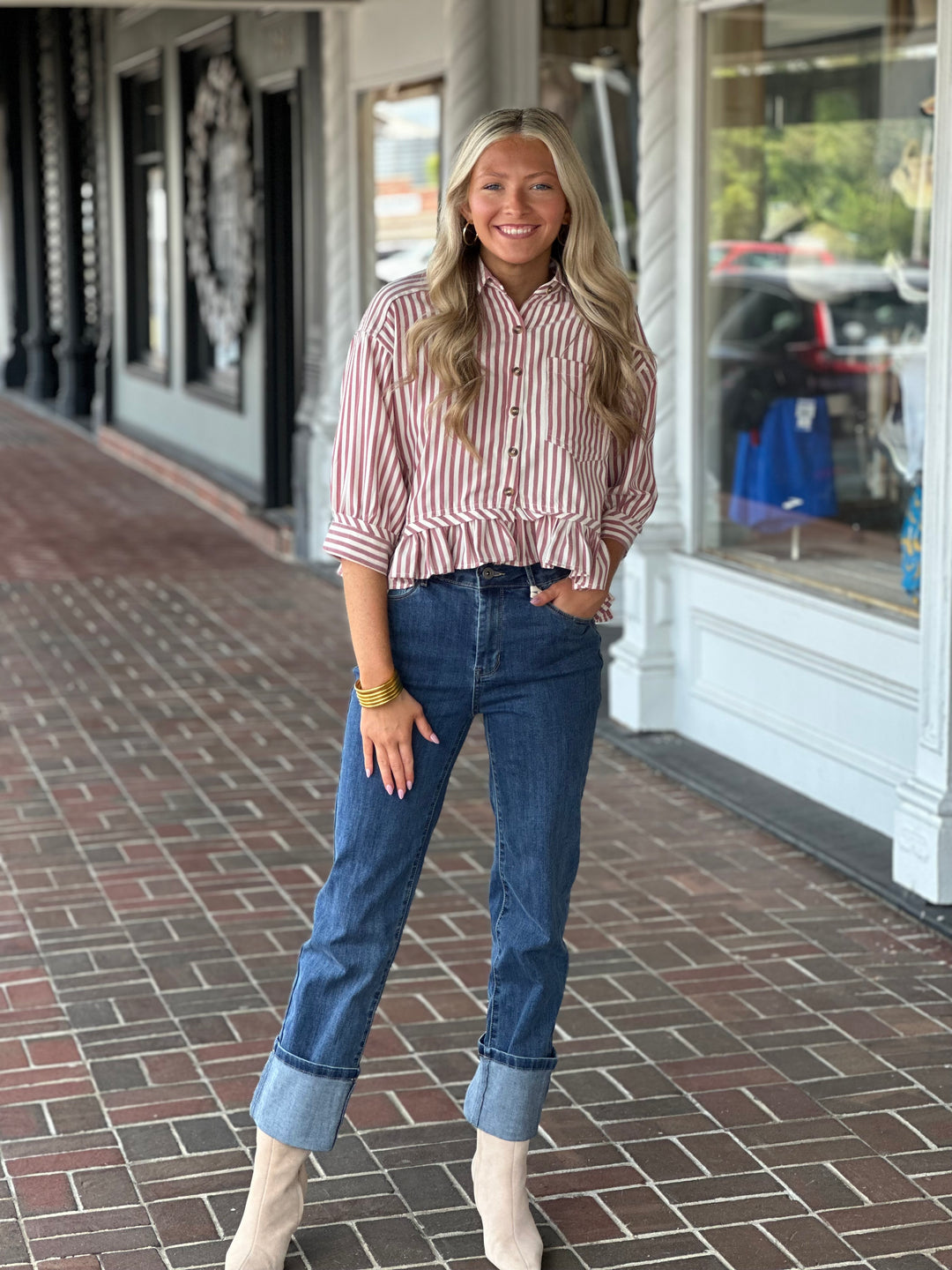 Ruffle Hem Button Up Top in Wine