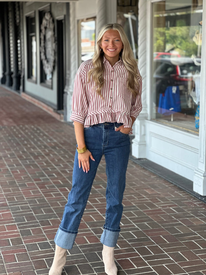Ruffle Hem Button Up Top in Wine