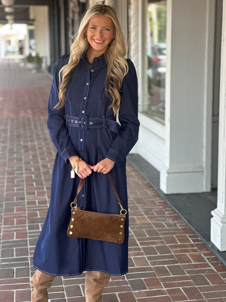 Long Belted Dress in Navy