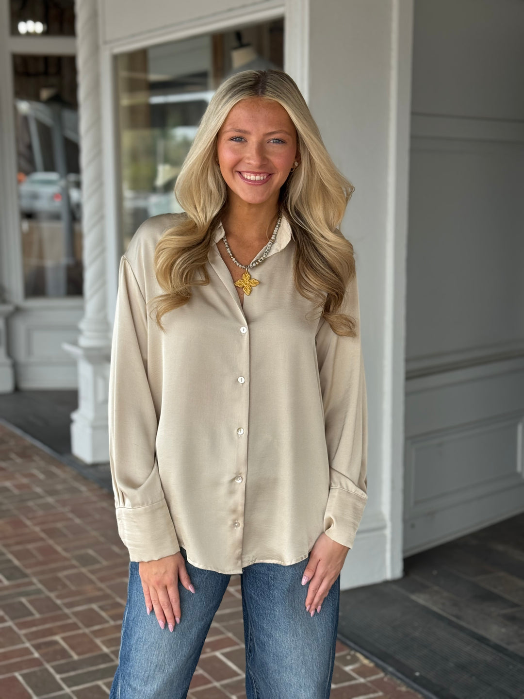 Oat Satin Button Down Top