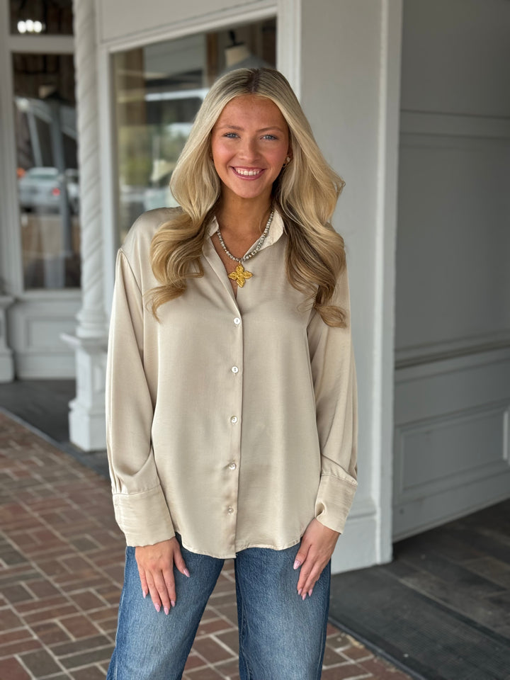 Oat Satin Button Down Top