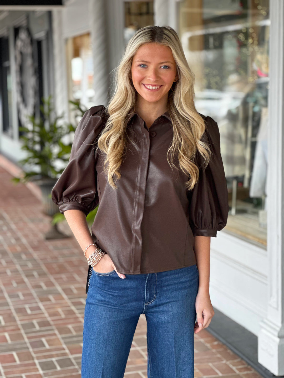 Brown Puff Sleeve Button Down Top