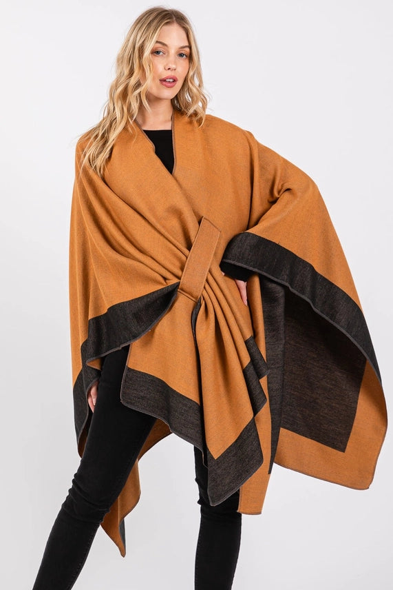Two Tone Pull Through Ruana Shawl in Taupe