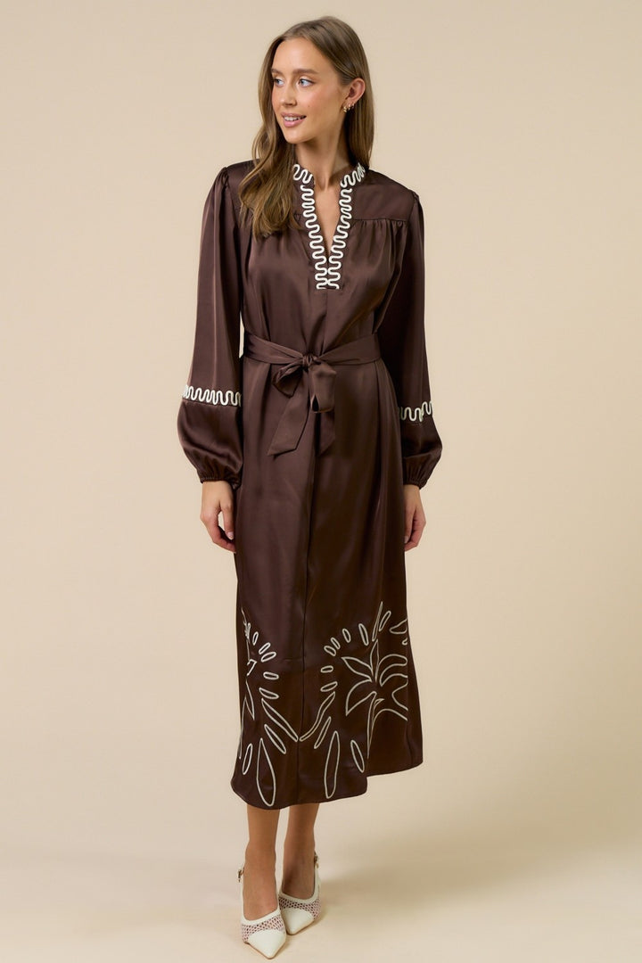 Brown Long Sleeve Embroidered Maxi Dress