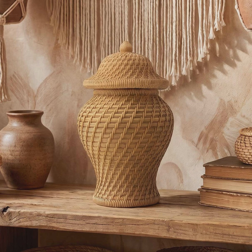 8" Faux Wicker Polyresin Ginger Jar