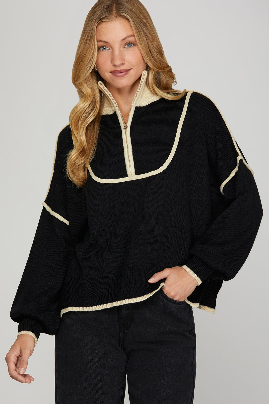 Long Sleeve Half Zip Sweater in Black
