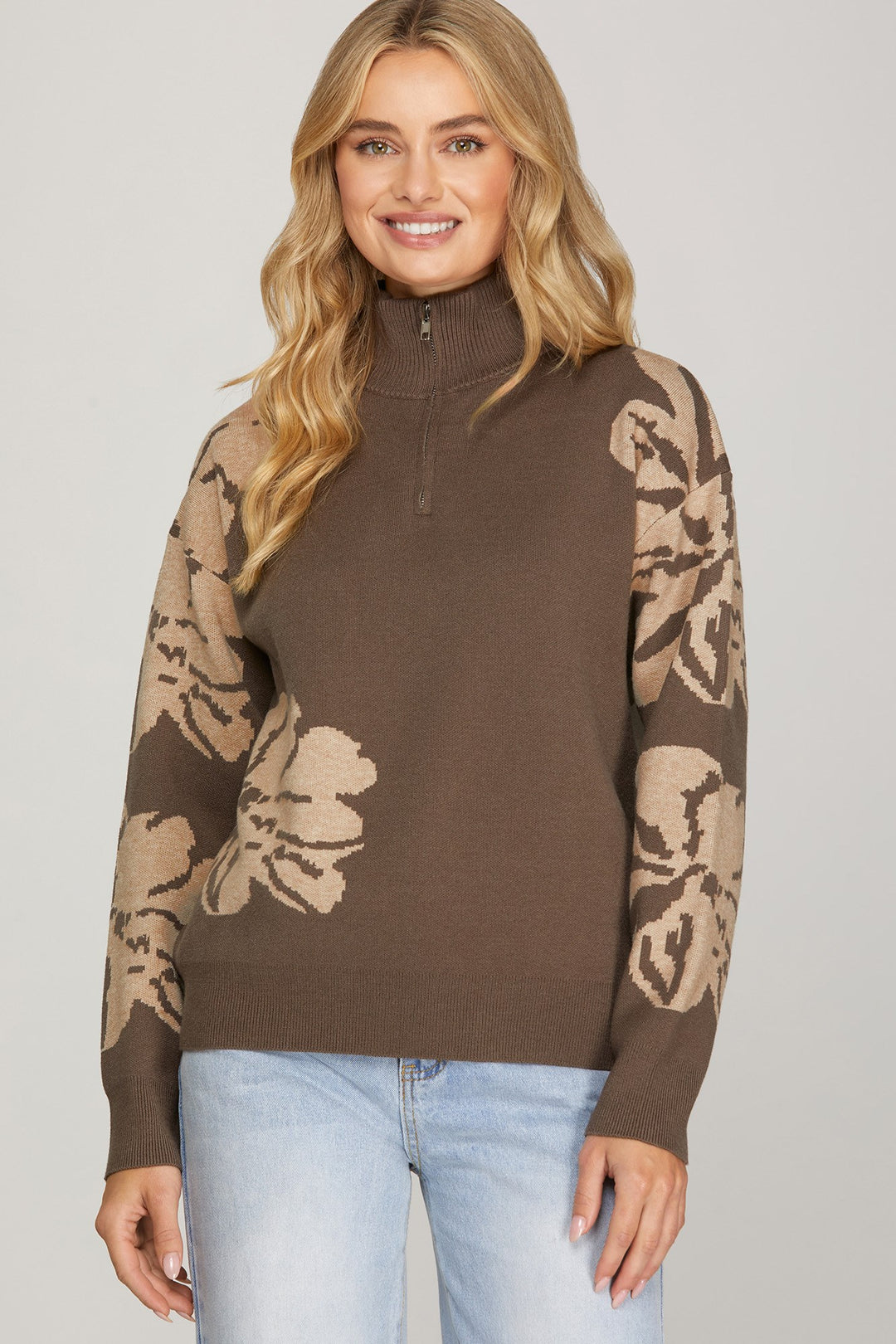 Long Sleeve Half Zip Floral Sweater in Mocha