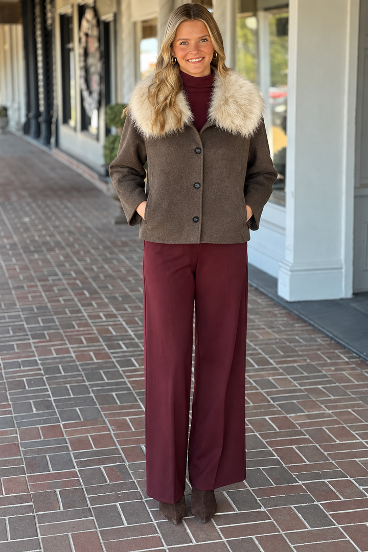 Dylan Clara Fur-Trimmed Melton Coat in Brown