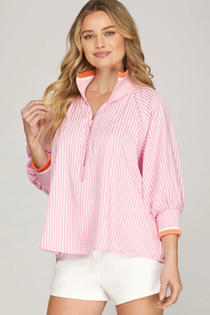 Pink Half Zip Stripe Top