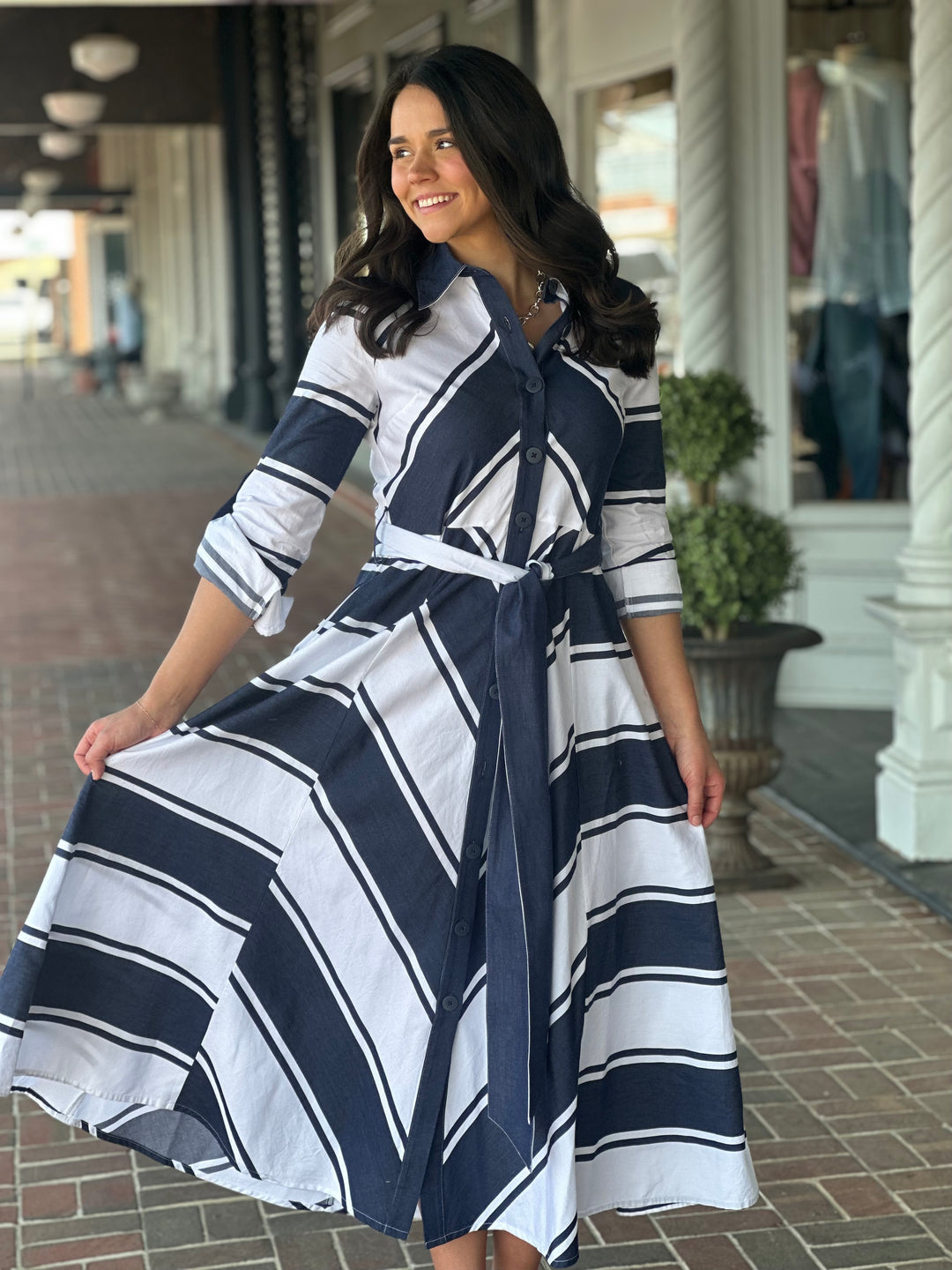 Joseph Ribkoff Cotton Stripe Print Fit and Flare Shirt Dress with Reversible Sash in Navy