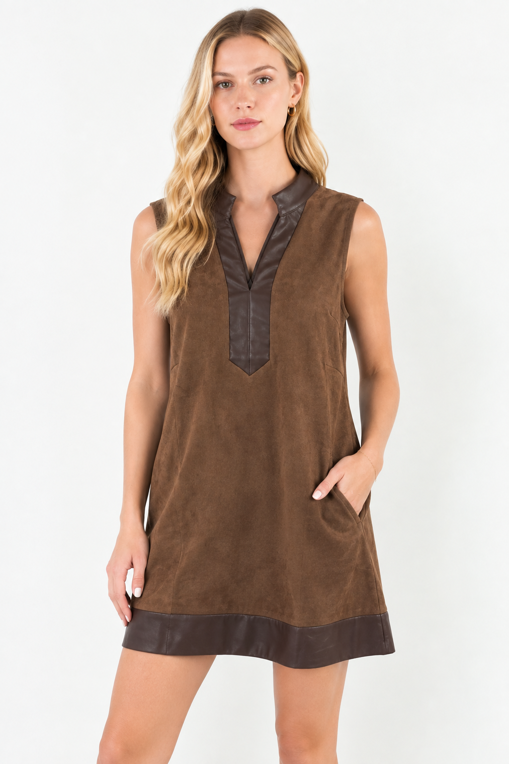 Together Always Sleeveless Suede Dress in Brown