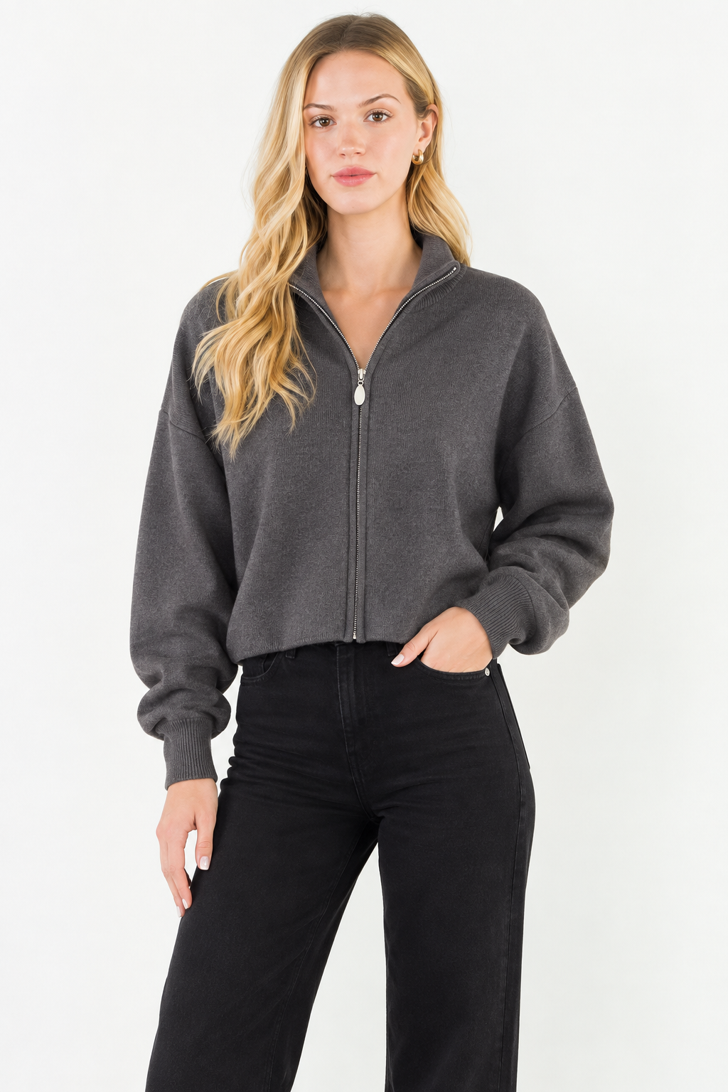 High Neck Zip Up Jacket in Grey