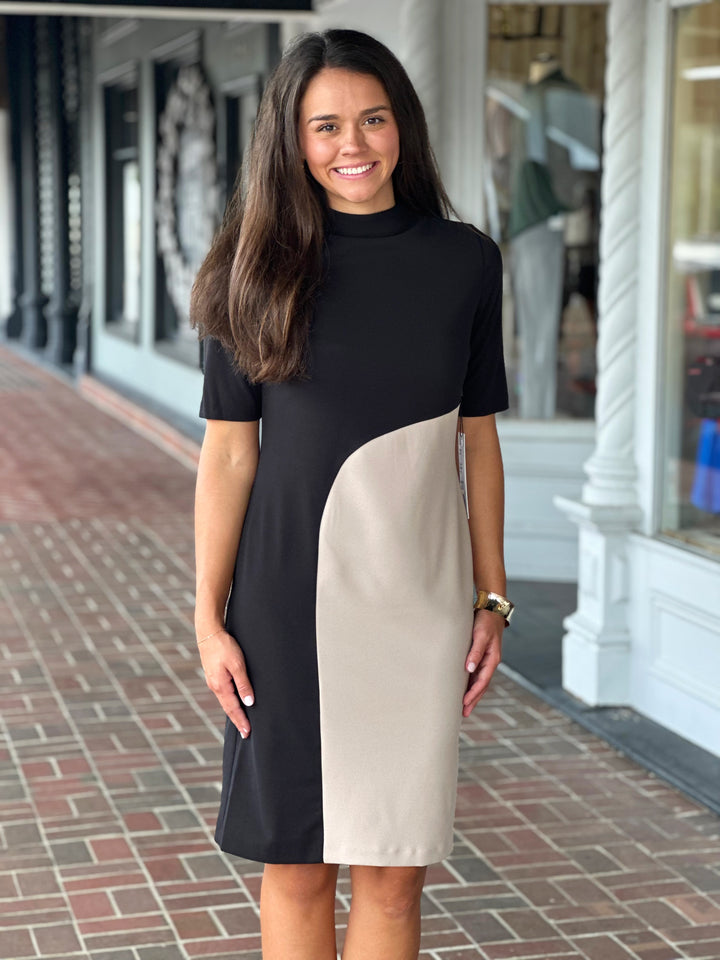 Perre Mock Neck Khaki Color-block Black Sheath Dress