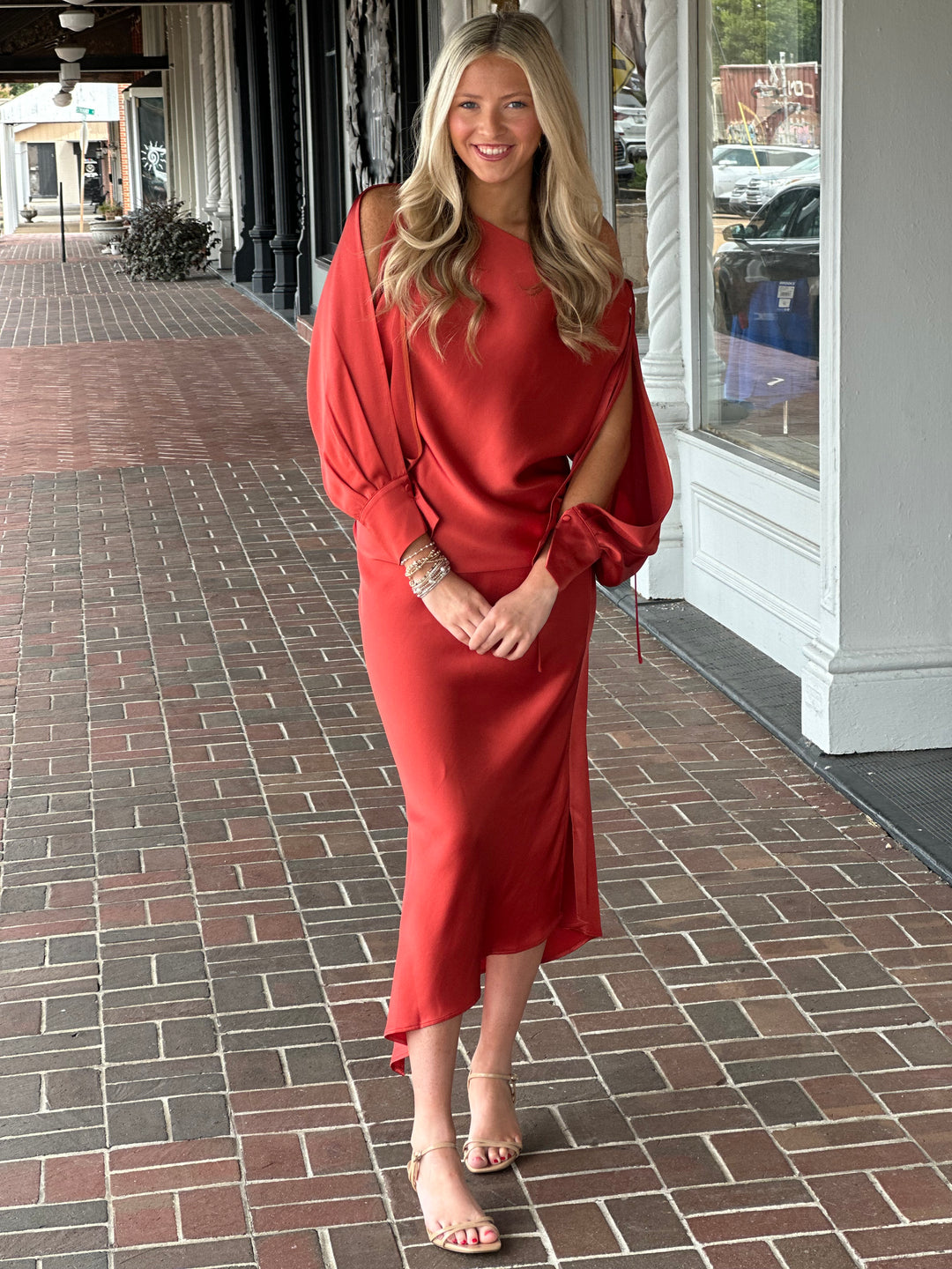 Boat Neck Satin Blouse in Burnt Orange