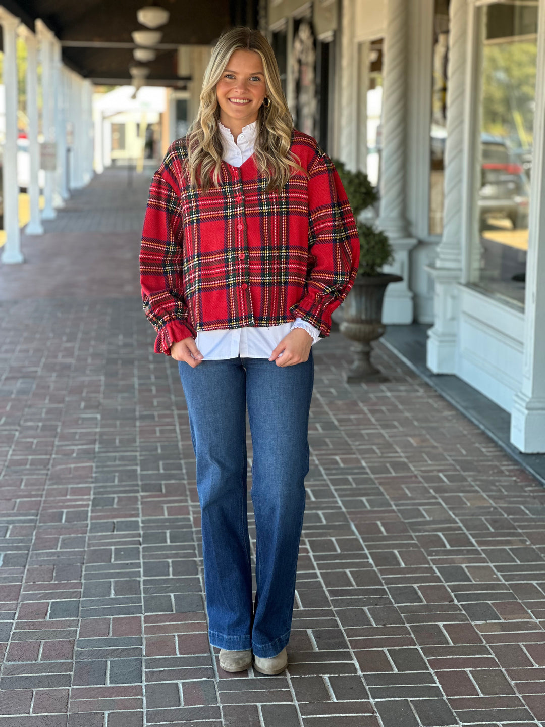 Christmas Plaid V-Neck Elastic Ruffle Cardigan Top