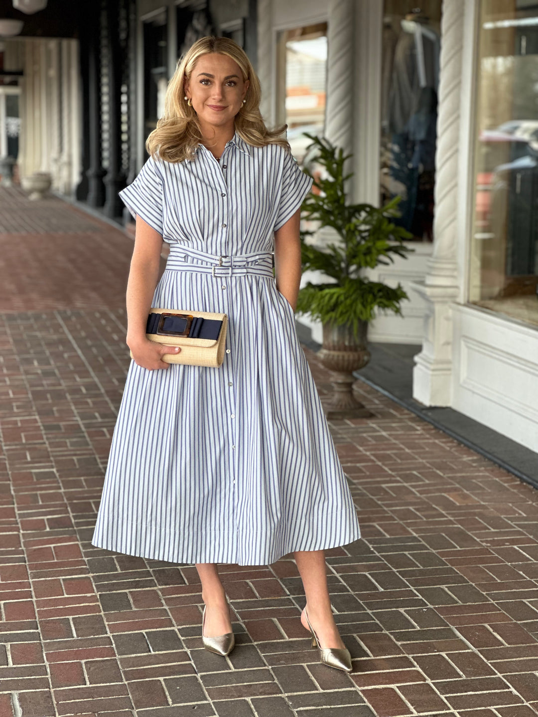 Double Belt Buckled Striped Midi Button Dress in Blue