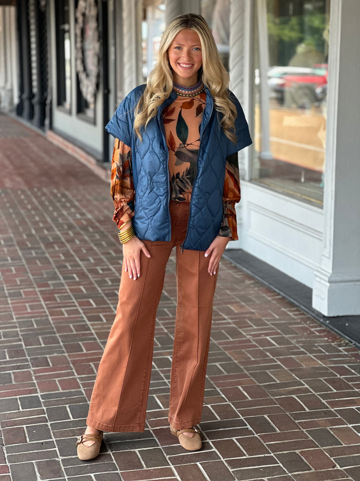 French Dressing Mock Neck Trimmed Top in Brown