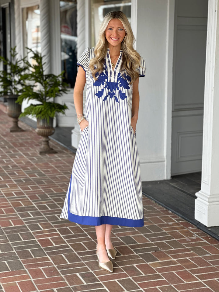 Blue Stripe Midi Dress with Lace Trim