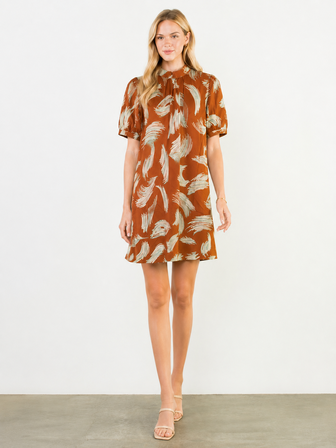 Silk Pattern Tied Back Dress in Brown