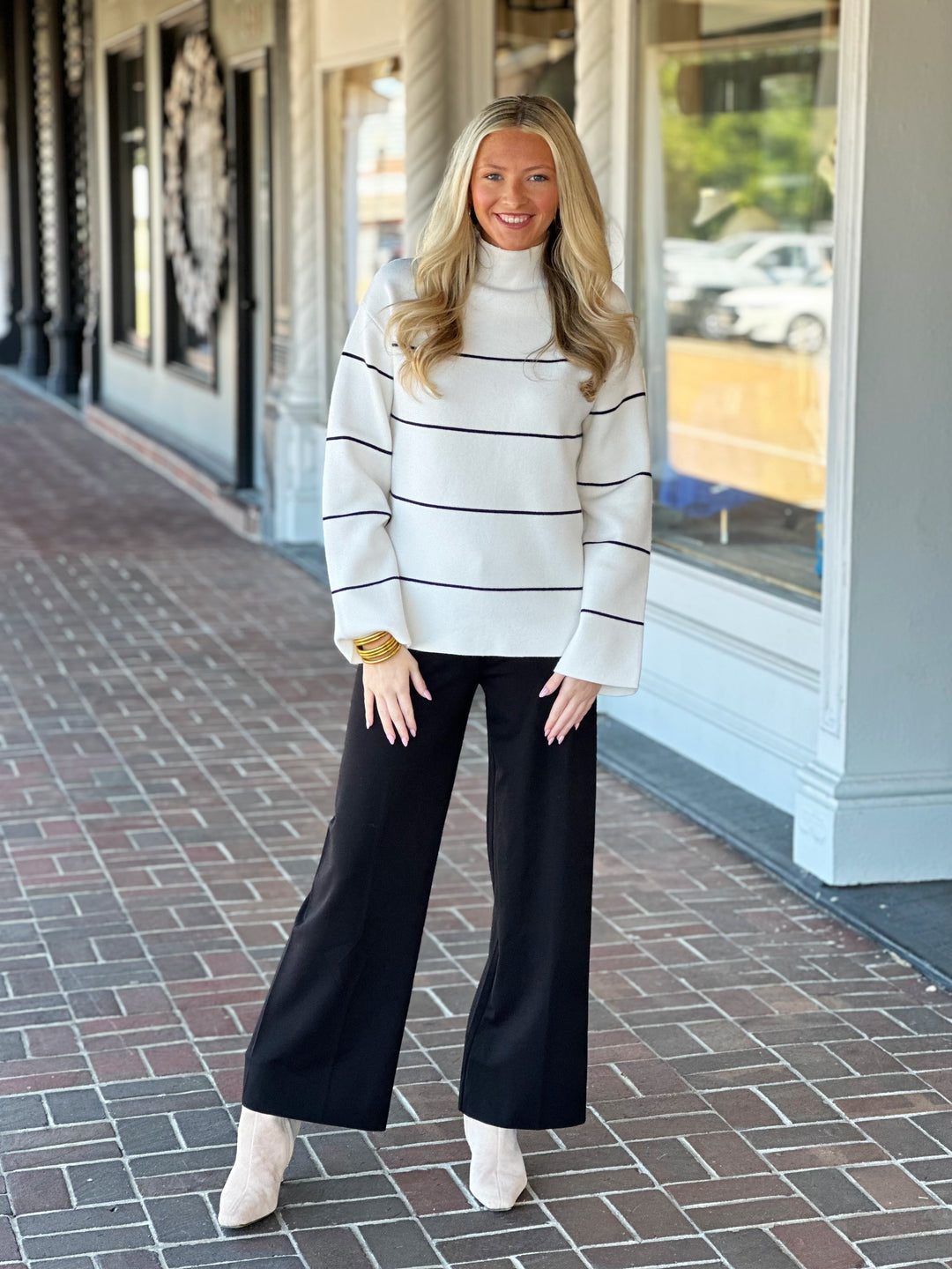 Charlie B Yarn Dyed Striped Ecru Sweater