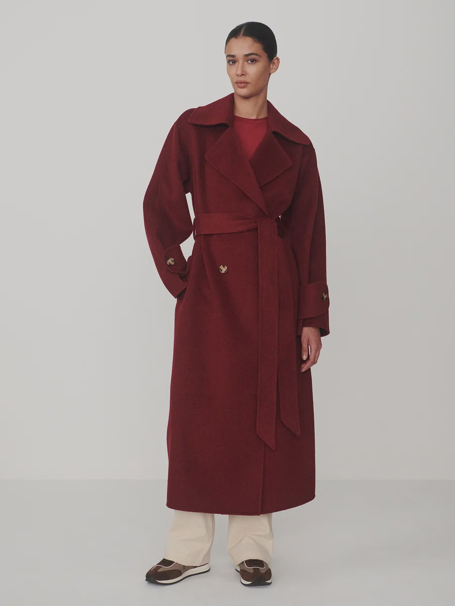Varley Helston Long Belted Coat in Cabernet