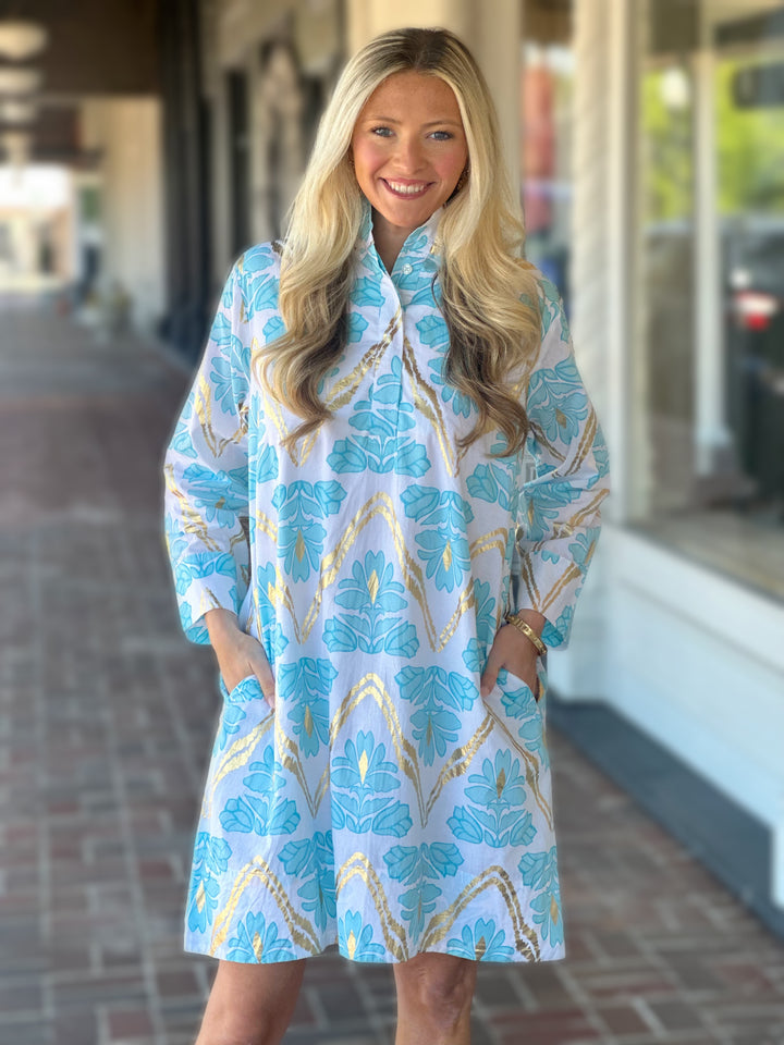 Jude Connally Helen Dress in Gilded Flora Light Aqua