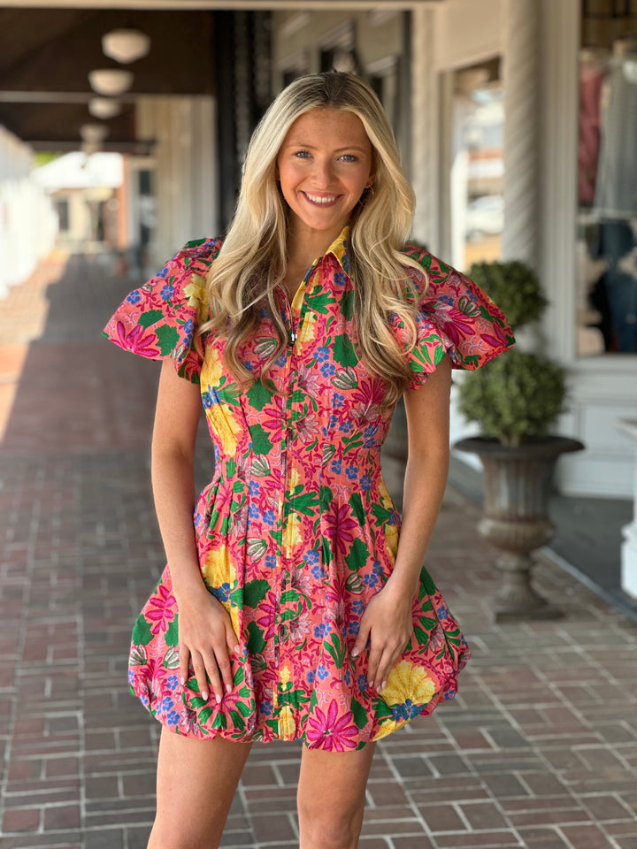 Gina Floral Puff Sleeve Mini Dress in Pink
