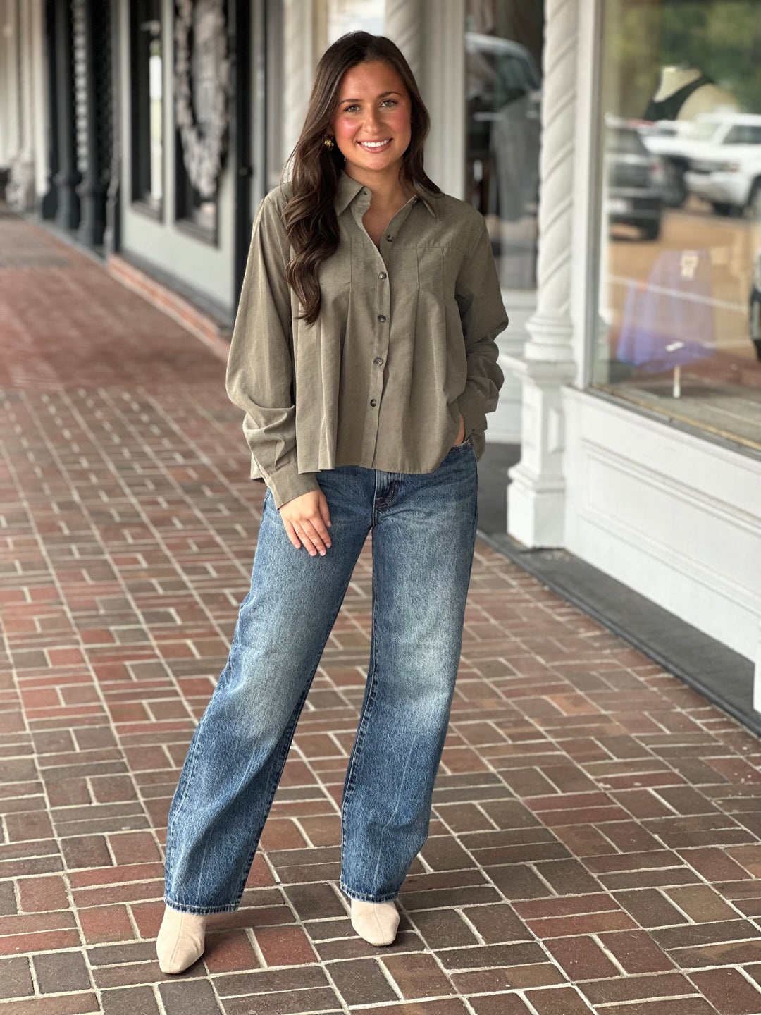 Sage Pleated Button Down Long Sleeve Top