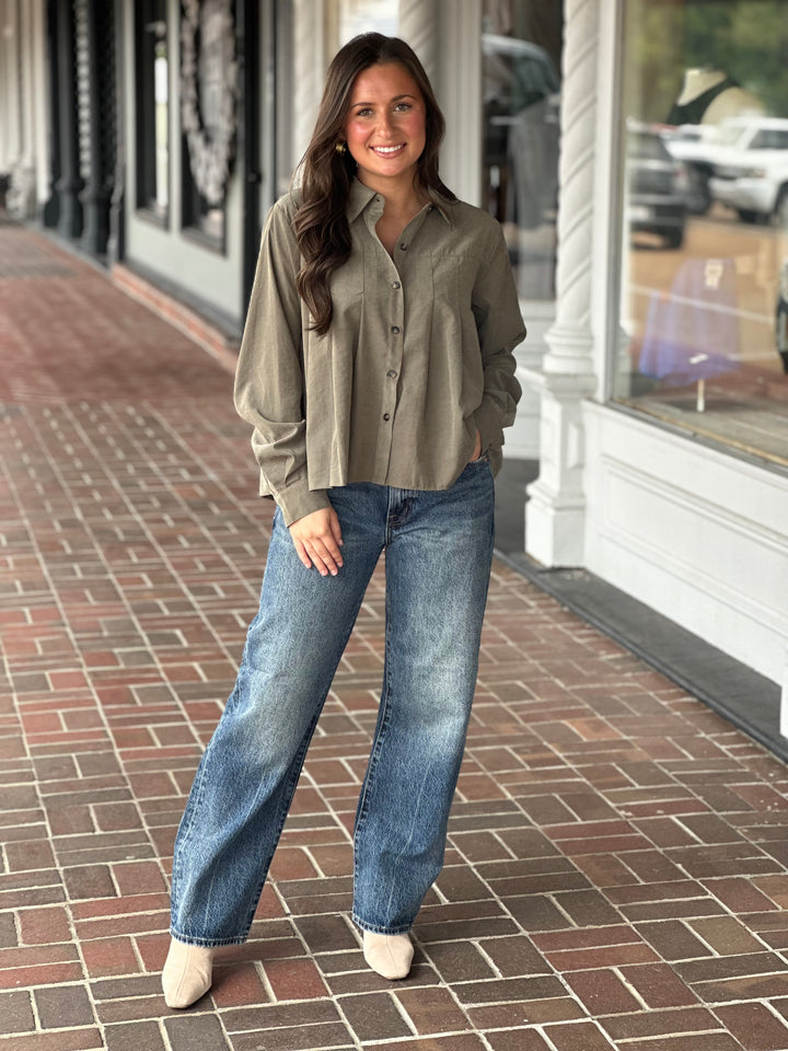 Sage Pleated Button Down Long Sleeve Top