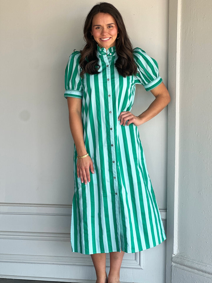 Green Stripe Print Short Puff Sleeve Midi Dress