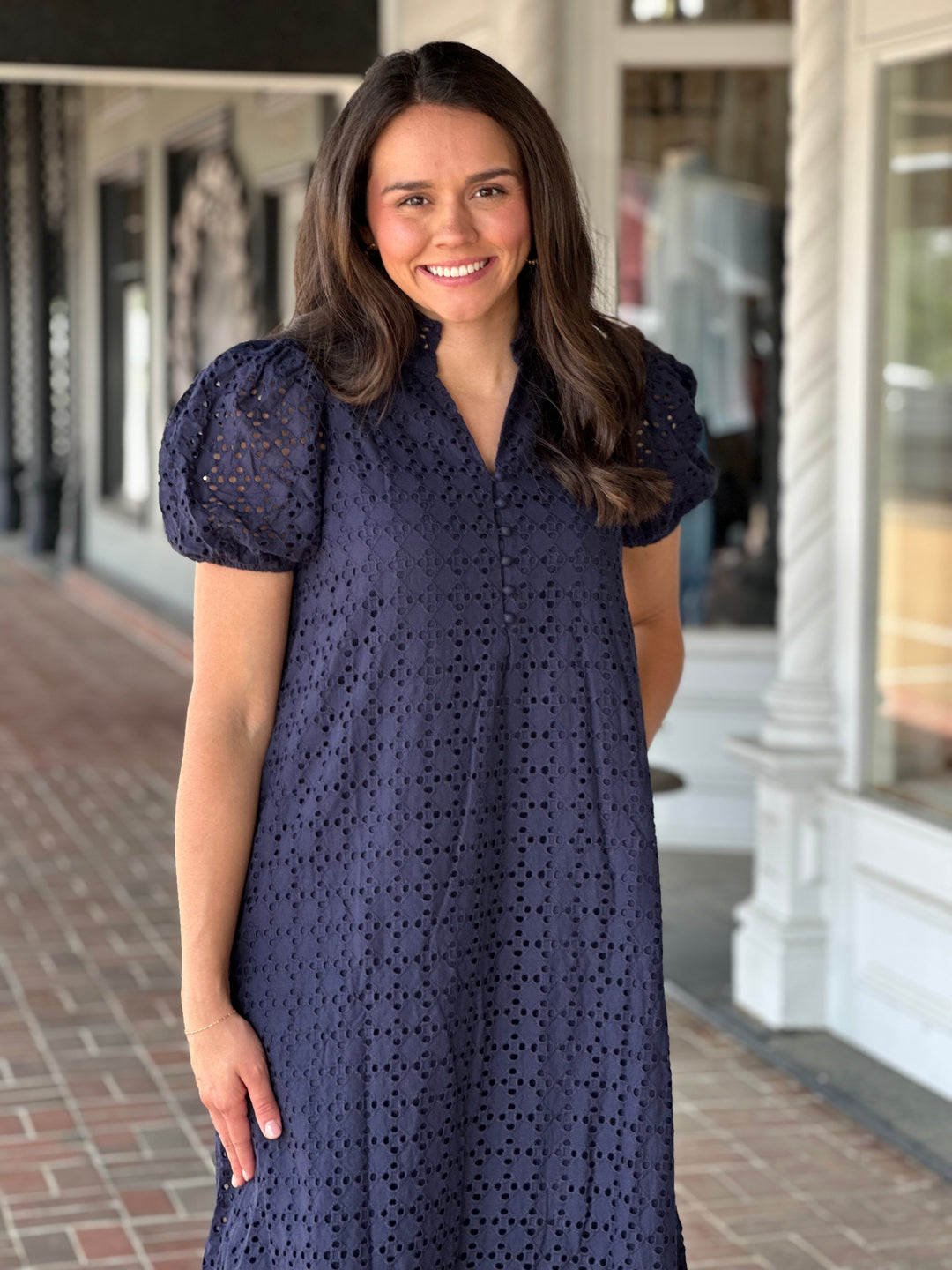 Navy Eyelet Short Puff Sleeve Midi Dress