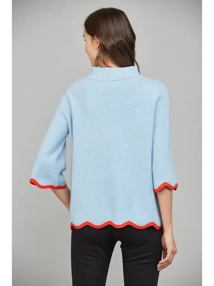 Blue Scallop Edge Detailed Mock Neck Sweater