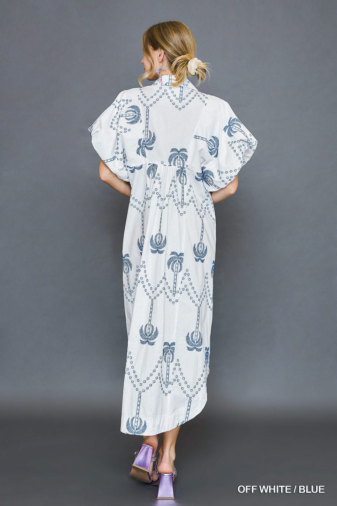 Off White Embroidered Puff Sleeve Midi Dress