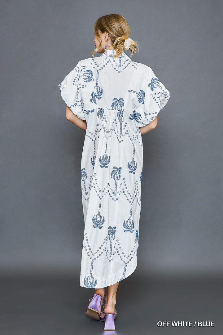 Off White Embroidered Puff Sleeve Midi Dress