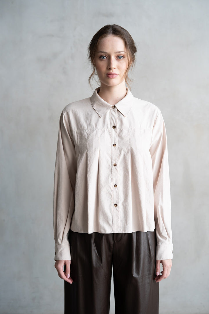 Taupe Pleated Button Down Long Sleeve Top