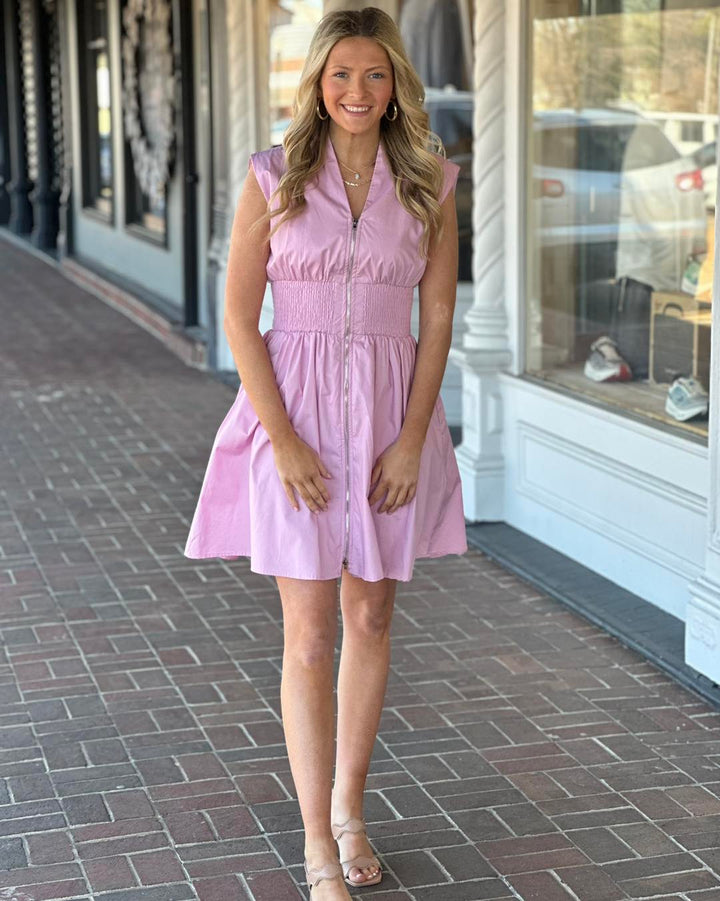 Timeless Flare Zip Mini Pocket Dress in Pink