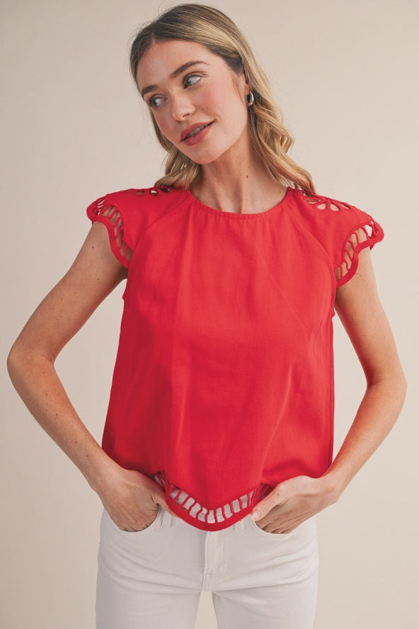Embroidered Cut-Out Cap Sleeve Top in Tomato Red