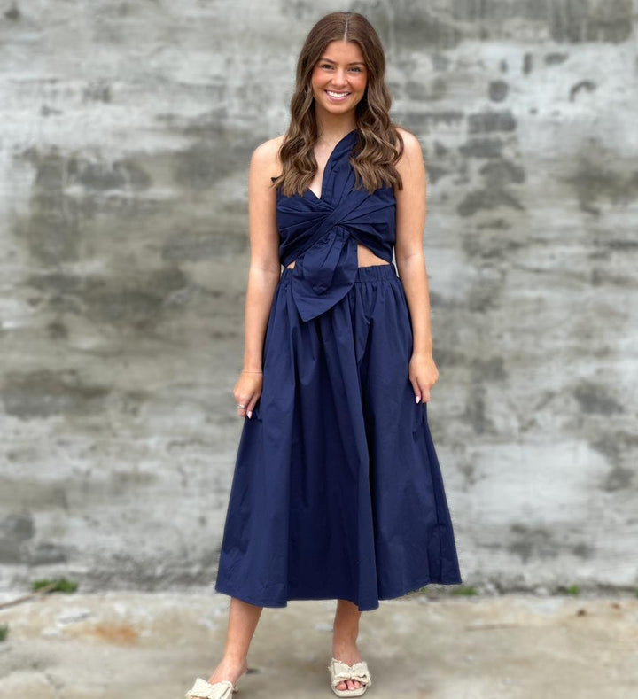 Knotted Flower Bow Midi Dress in Navy
