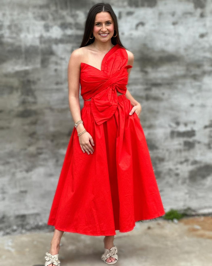 Knotted Flower Bow Midi Dress in Cherry Red