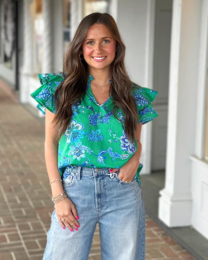 Cut To The Chase Blue Floral Printed Green Top