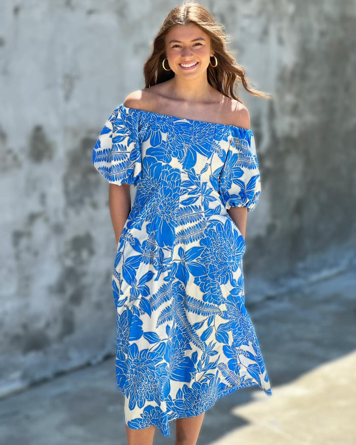 Selina Floral Balloon Dress in White Blue