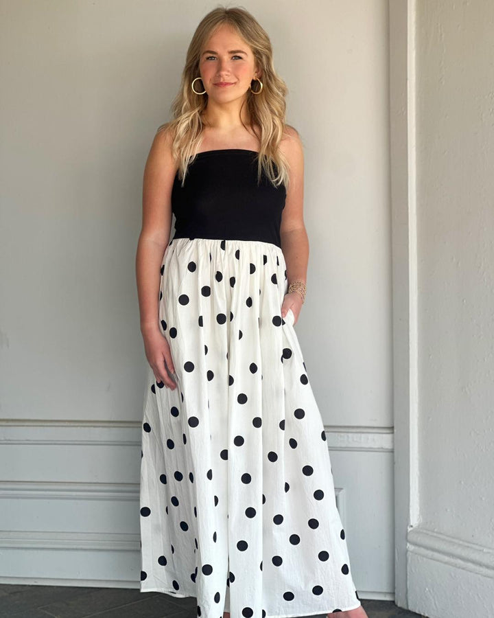 Moving Slowly Polka Dot Printed Strapless Midi Dress