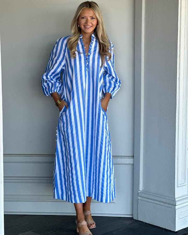 Positano Kaftan Dress in Blue Cabana Stripe