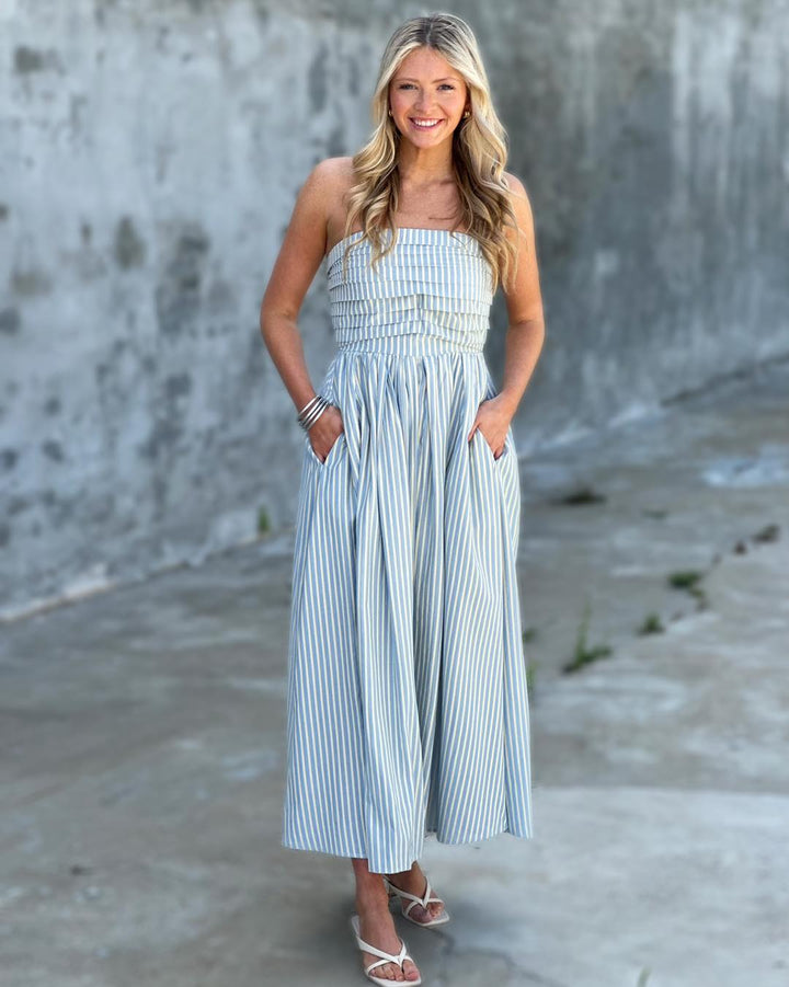 Promenade Dress in Dusty Blue Stripe